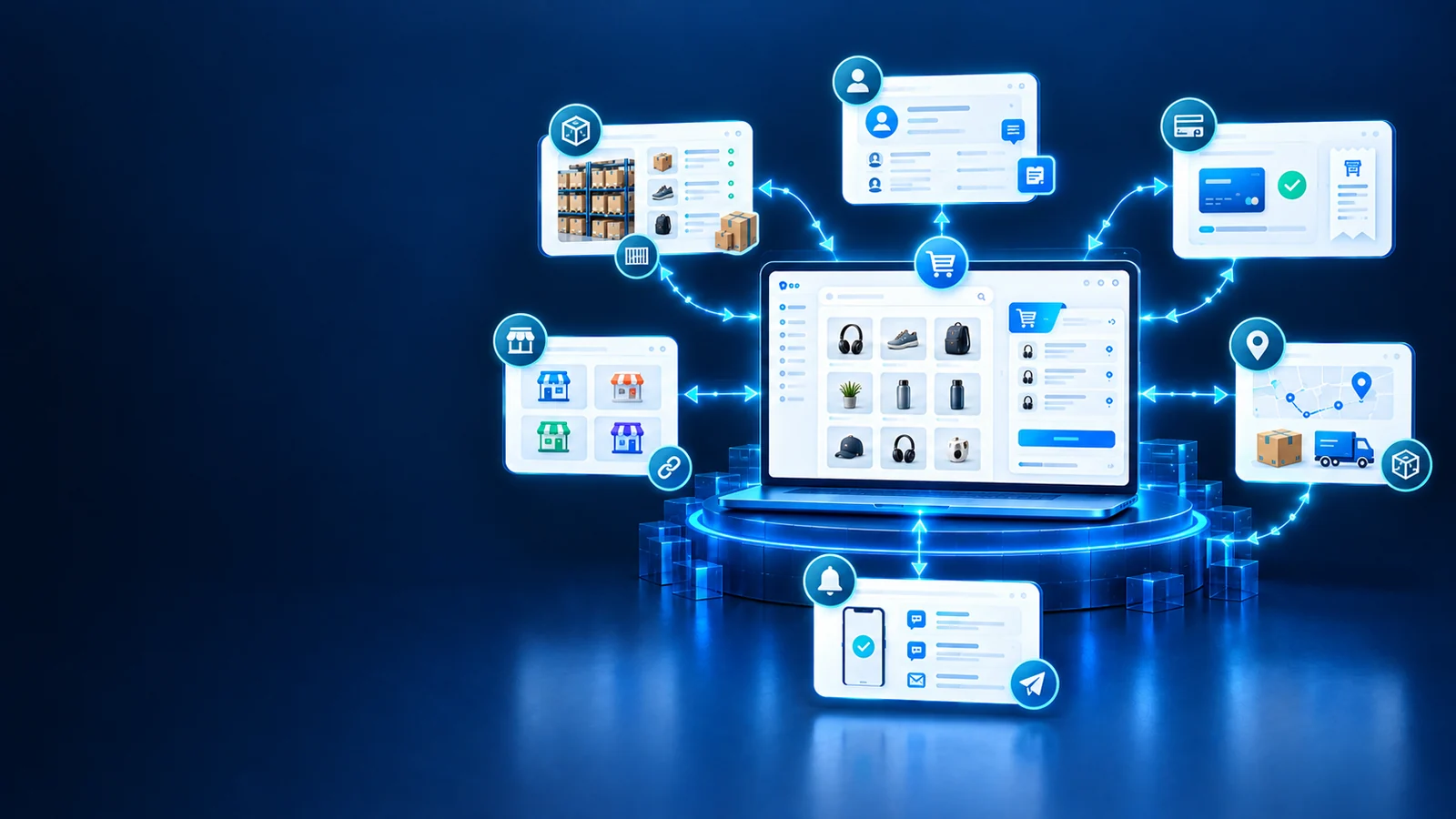 Интернет-магазин объединяет склад, оплату, доставку, CRM, внешние каналы и уведомления
